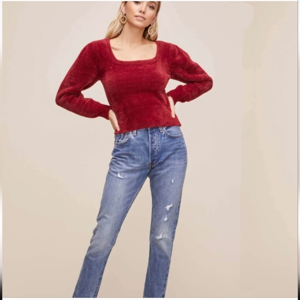 Astr The Label Womens Sweater Puff Sleeve Square Neck Size M